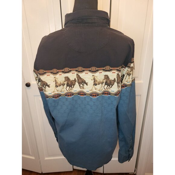 Women's Bit and Bridle Blue/Black Horse Print Button Up XL Western Cowgirl Rodeo - Picture 4 of 9